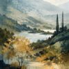 Mountain Lake Serenity II – teal, mustard, slate watercolour landscape canvas wall art