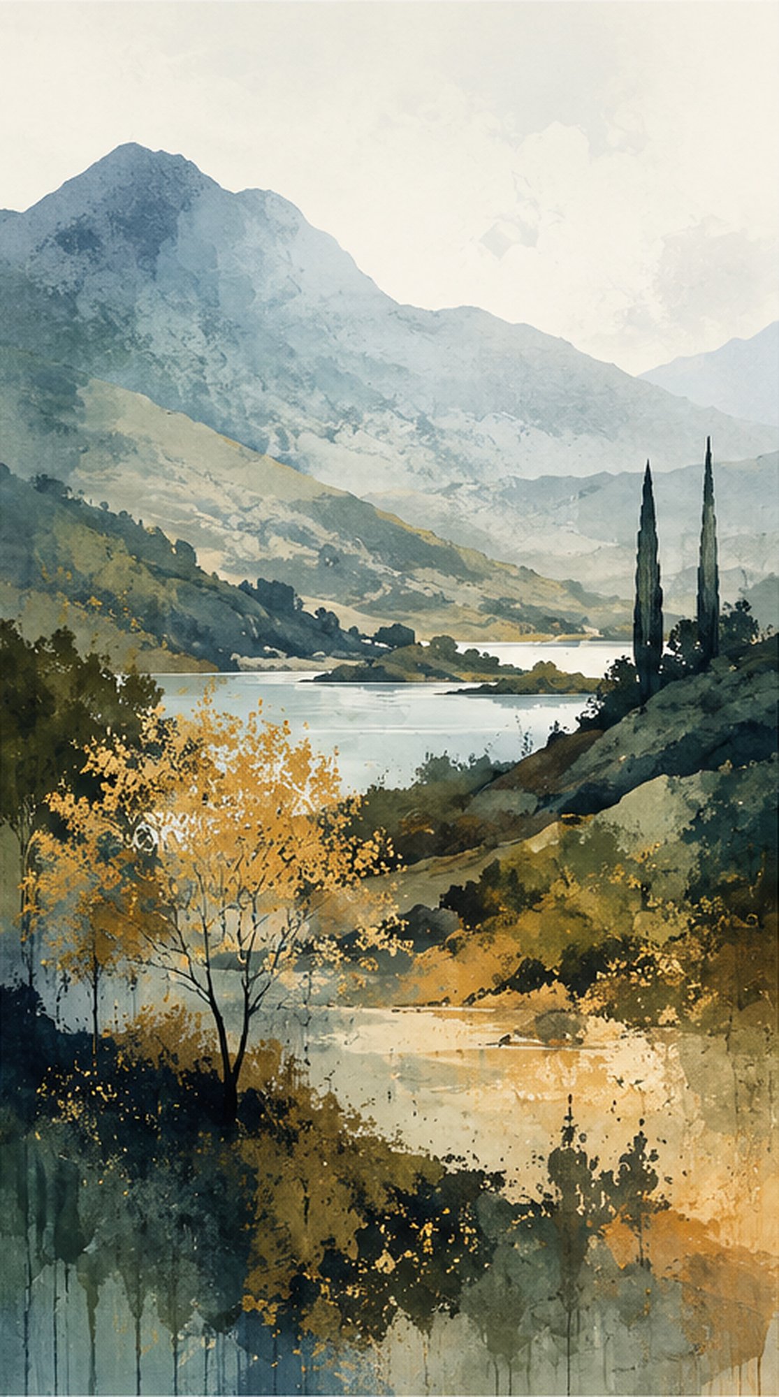 Mountain Lake Serenity II – teal, mustard, slate watercolour landscape canvas wall art