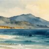 Mountain Lake Serenity III – teal, mustard, slate watercolour landscape canvas wall art
