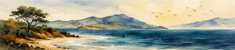 Mountain Lake Serenity III – teal, mustard, slate watercolour landscape canvas wall art