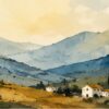 Mountain Lake Serenity IV – teal, mustard, slate watercolour landscape canvas wall art