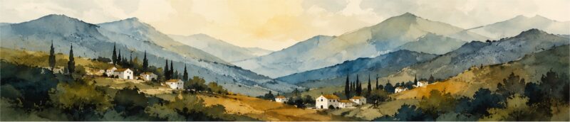 Mountain Lake Serenity IV – teal, mustard, slate watercolour landscape canvas wall art