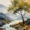 Mountain Lake Serenity V – teal, mustard, slate watercolour landscape canvas wall art