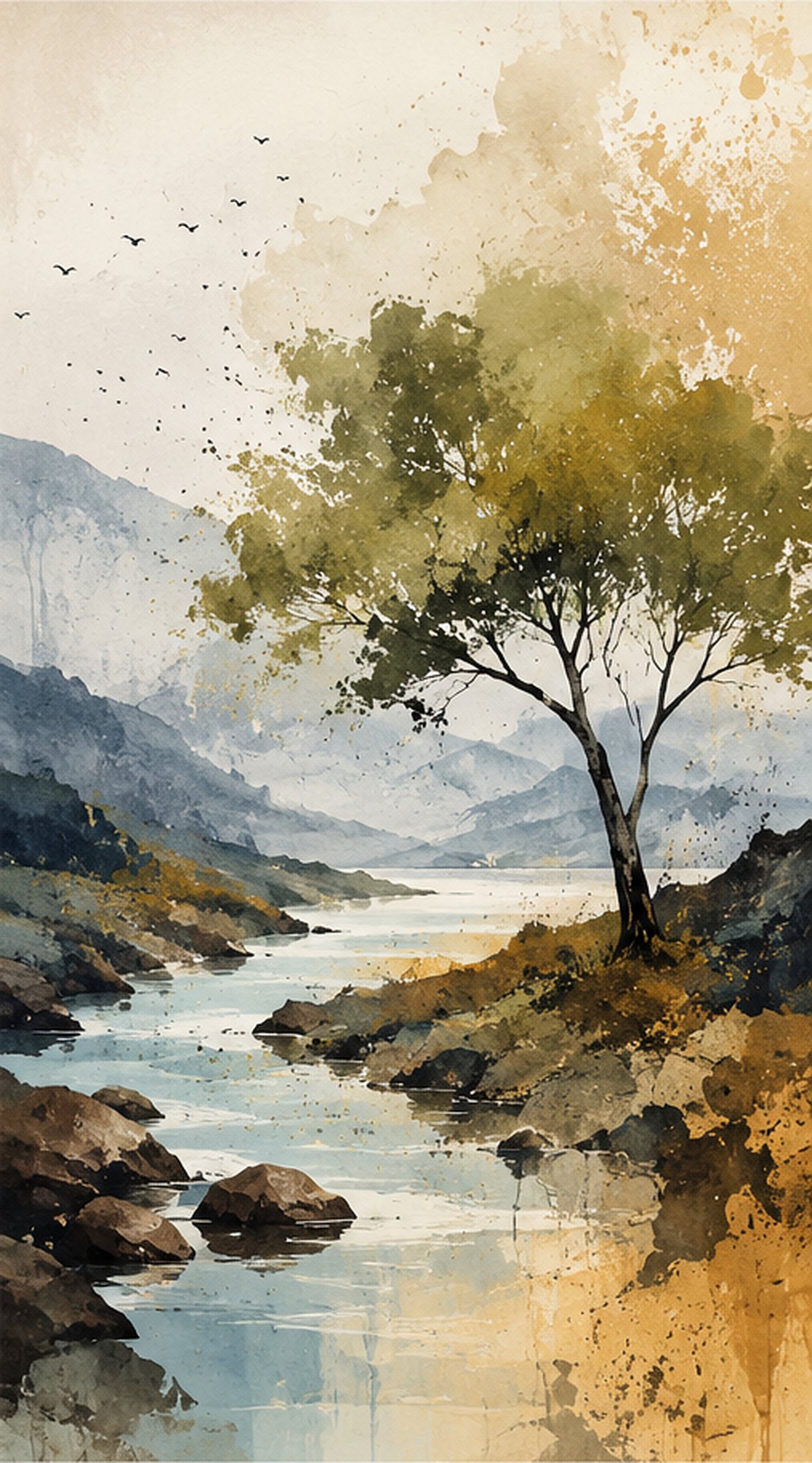 Mountain Lake Serenity V – teal, mustard, slate watercolour landscape canvas wall art
