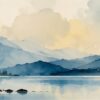 Mountain Lake Serenity VI – teal, mustard, slate watercolour landscape canvas wall art