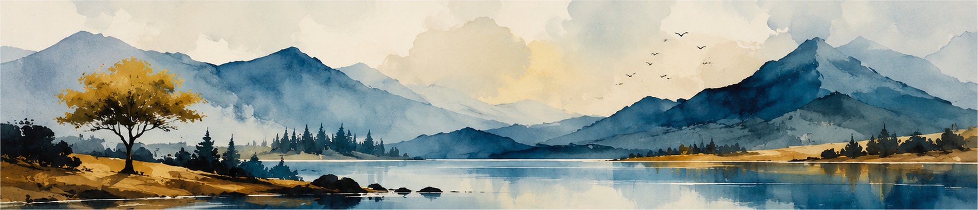 Mountain Lake Serenity VI – teal, mustard, slate watercolour landscape canvas wall art