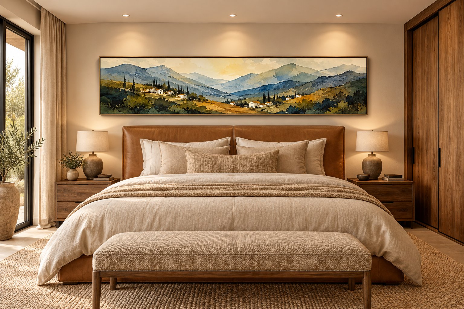 Mountain Lake Serenity watercolour landscape canvas wall art styled in an interior