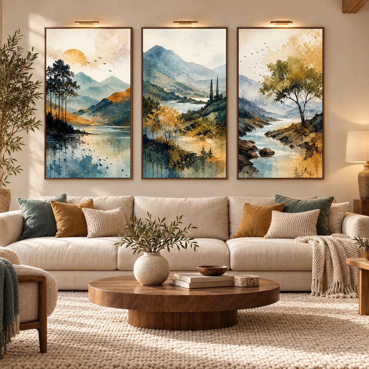 Mountain Lake Serenity watercolour landscape canvas wall art styled in an interior