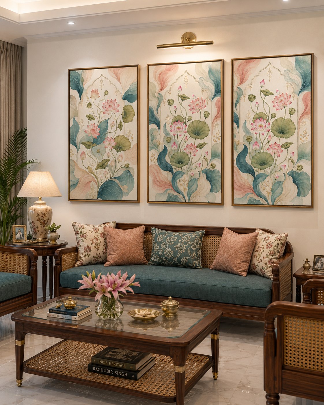 Mughal Garden canvas set in a traditional Indian living room