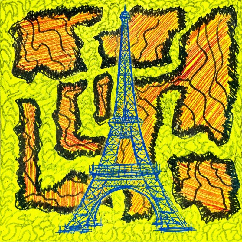 Neon Eiffel Tower – neon yellow, orange, blue neon doodle pop art canvas wall art