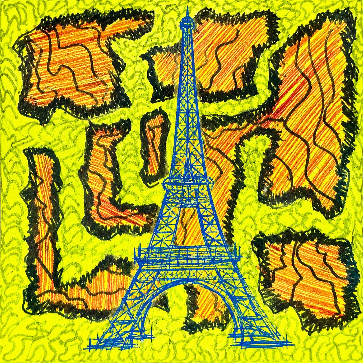 Neon Eiffel Tower – neon yellow, orange, blue neon doodle pop art canvas wall art