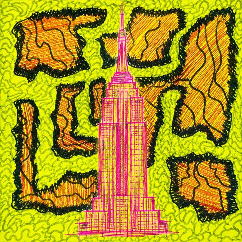 Neon Empire State – neon yellow, orange, pink neon doodle pop art canvas wall art