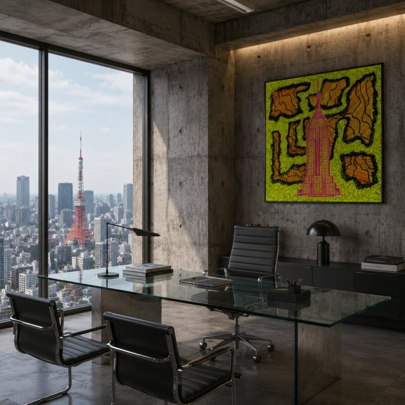 Neon Empire State neon doodle pop art canvas wall art styled in an interior