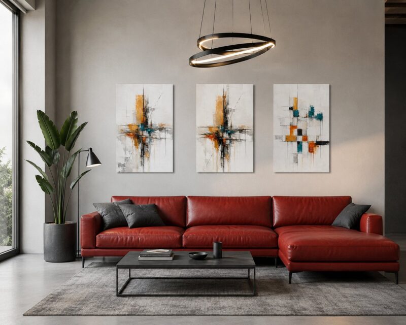 Ochre Fragments abstract expressionism canvas wall art styled in an interior