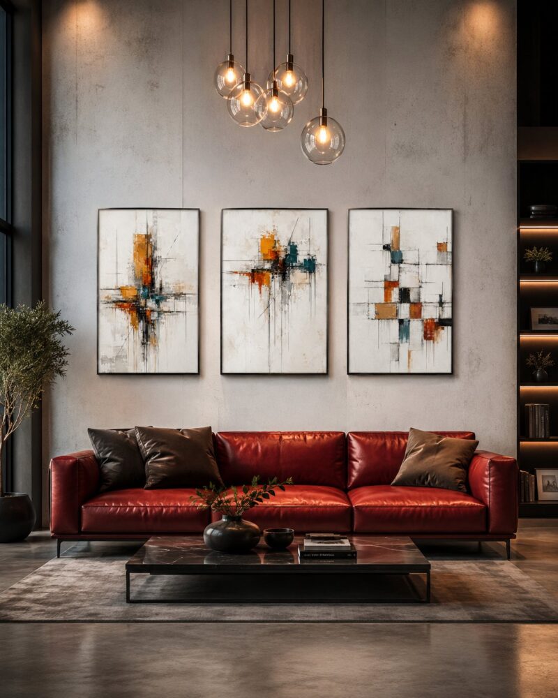 Ochre Fragments abstract expressionism canvas wall art styled in an interior