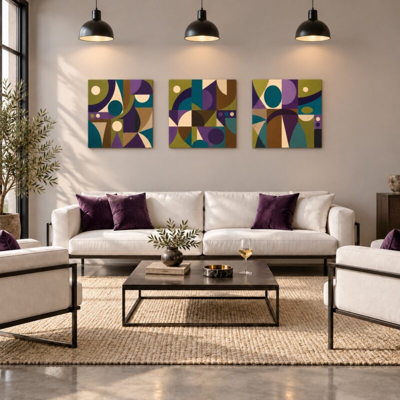 Olive Geometry mid-century geometric canvas wall art styled in an interior