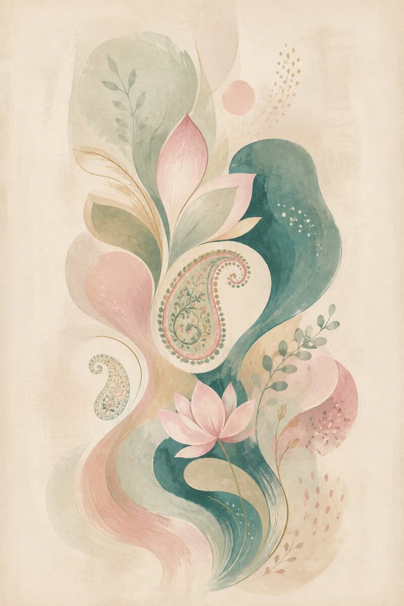 Paisley Lotus I – beige, blush, teal watercolour floral canvas wall art