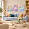 Pastel Memphis pop art canvas wall art styled in an interior