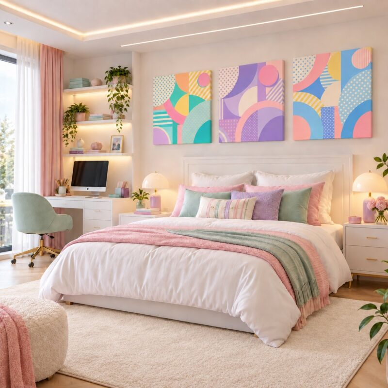 Pastel Memphis pop art canvas wall art styled in an interior