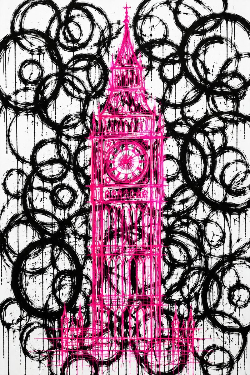 Pink Big Ben Graffiti – hot pink, black, white graffiti canvas wall art