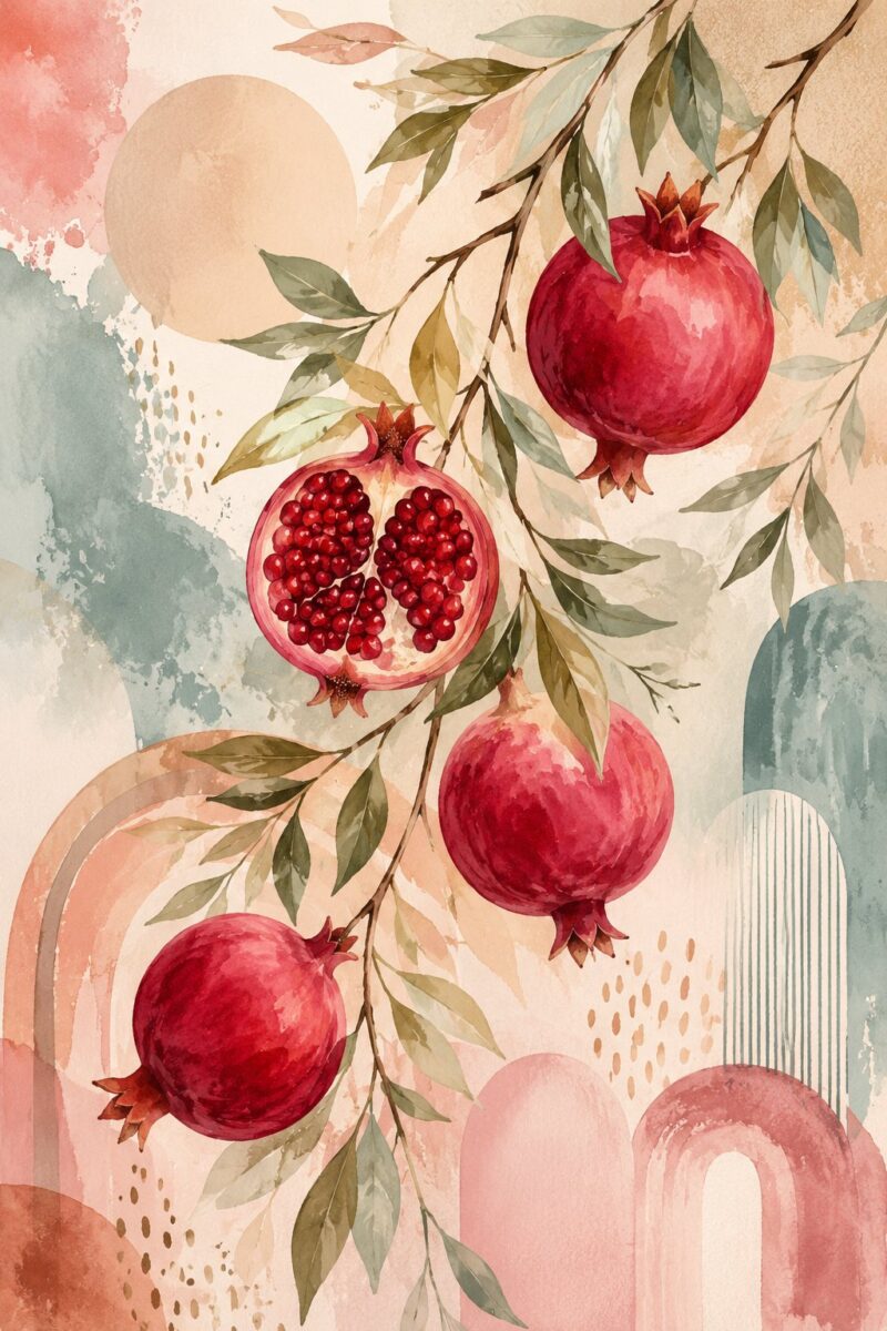 Pomegranate Boho I – pomegranate red, blush, sage watercolour botanical canvas wall art