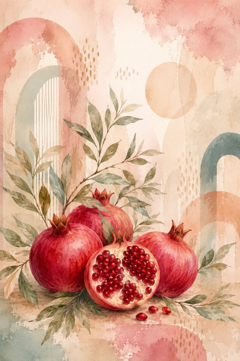 Pomegranate Boho II – pomegranate red, blush, sage watercolour botanical canvas wall art
