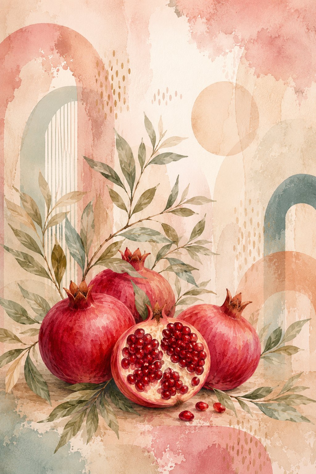 Pomegranate Boho II – pomegranate red, blush, sage watercolour botanical canvas wall art