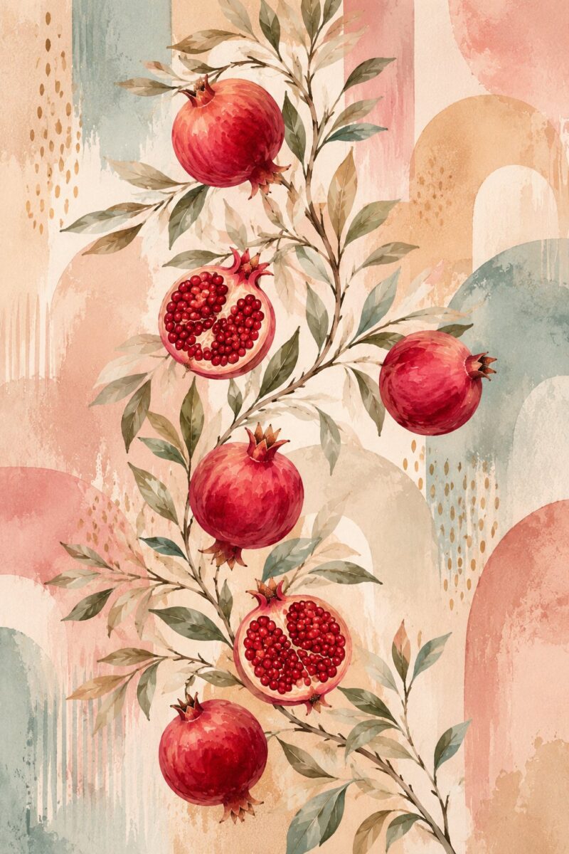 Pomegranate Boho III – pomegranate red, blush, sage watercolour botanical canvas wall art