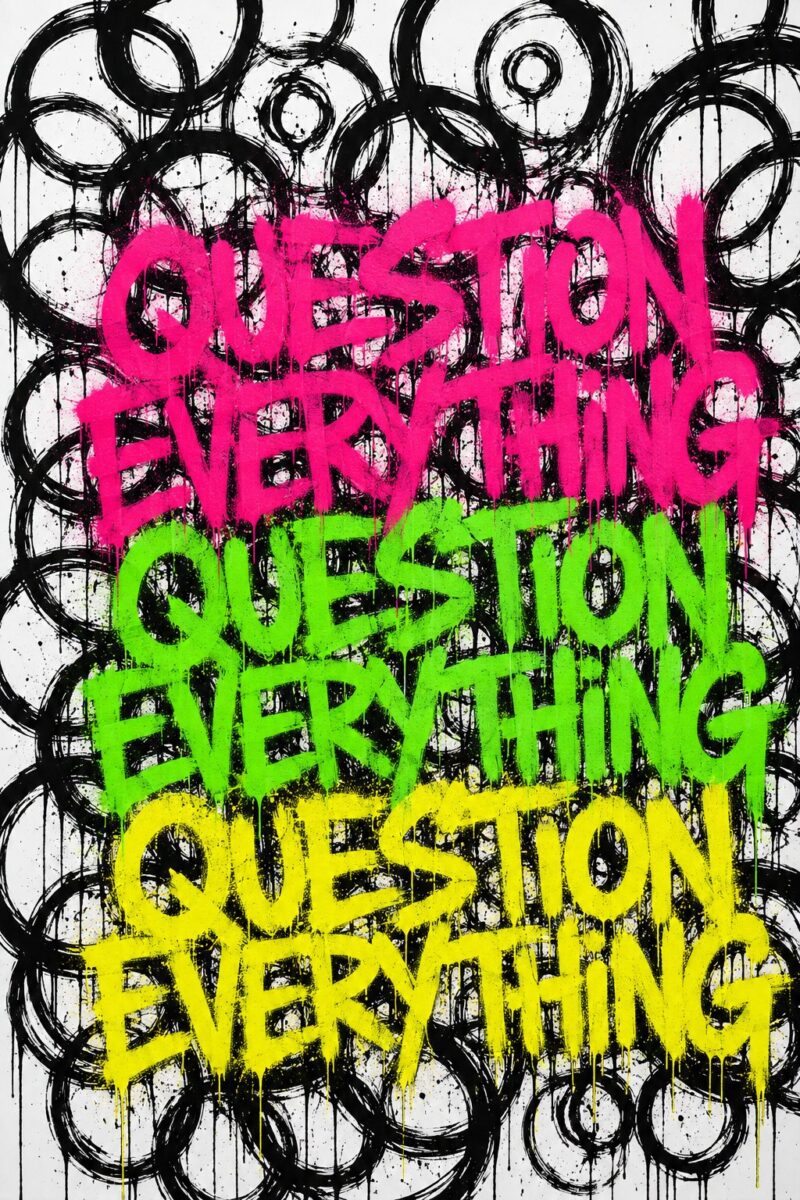 Question Everything – hot pink, lime, yellow graffiti typography canvas wall art