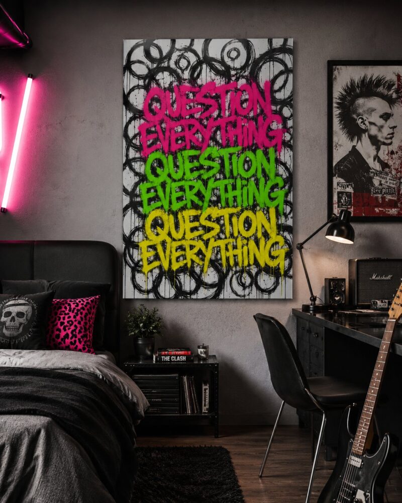 Question Everything graffiti typography canvas wall art styled in an interior