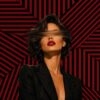 Red Stripe Muse – burgundy, black, red pop art portrait canvas wall art