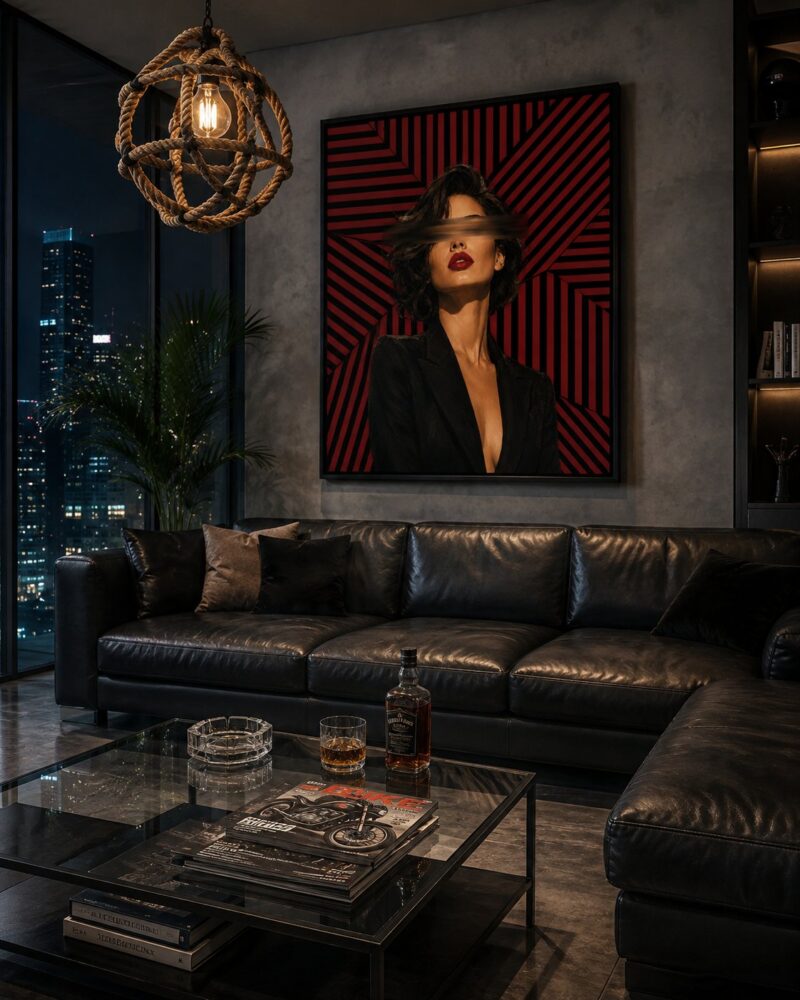 Red Stripe Muse pop art portrait canvas wall art styled in an interior