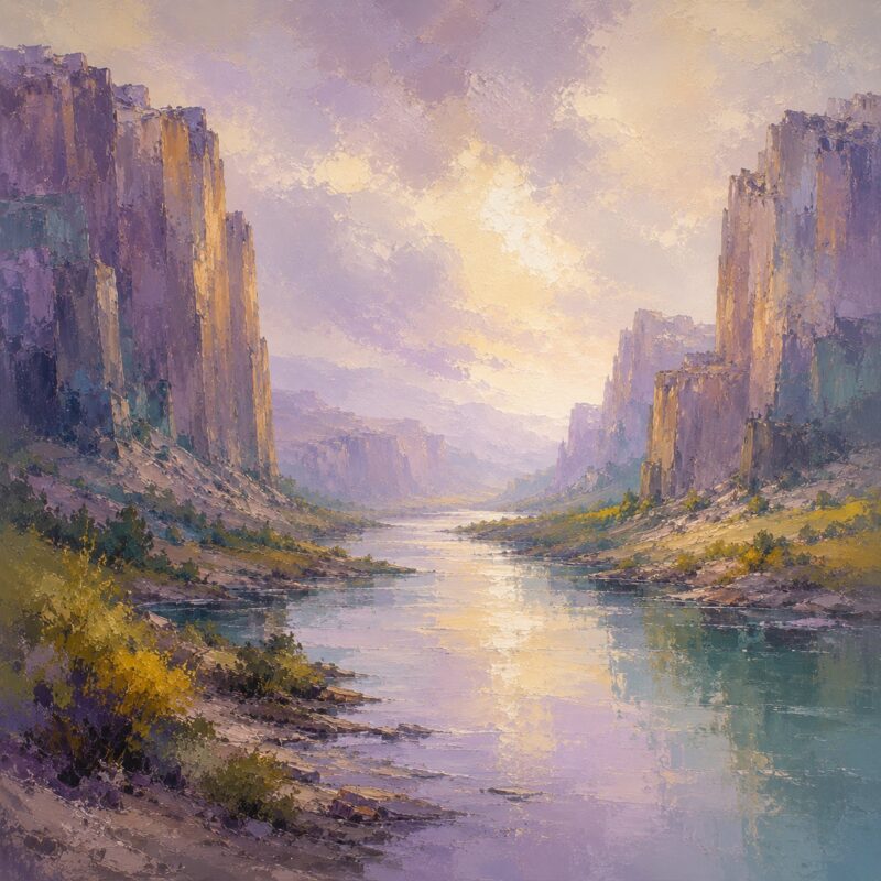 River Valley II – lavender, gold, olive impressionist oil landscape canvas wall art