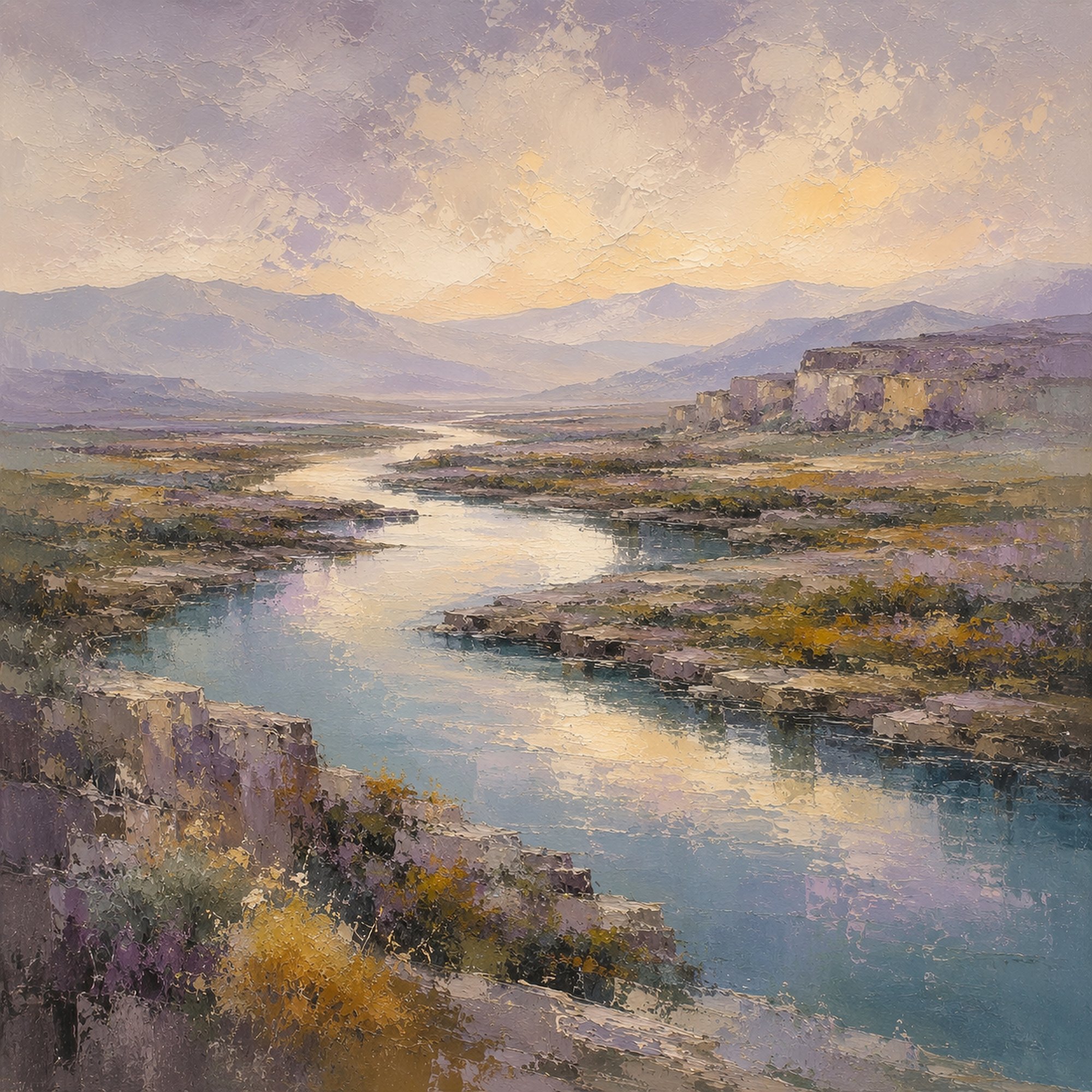 River Valley III – lavender, gold, olive impressionist oil landscape canvas wall art