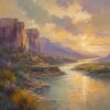 River Valley IV – lavender, gold, olive impressionist oil landscape canvas wall art