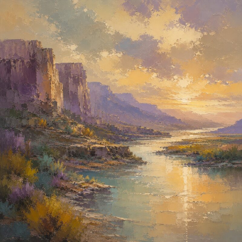 River Valley IV – lavender, gold, olive impressionist oil landscape canvas wall art