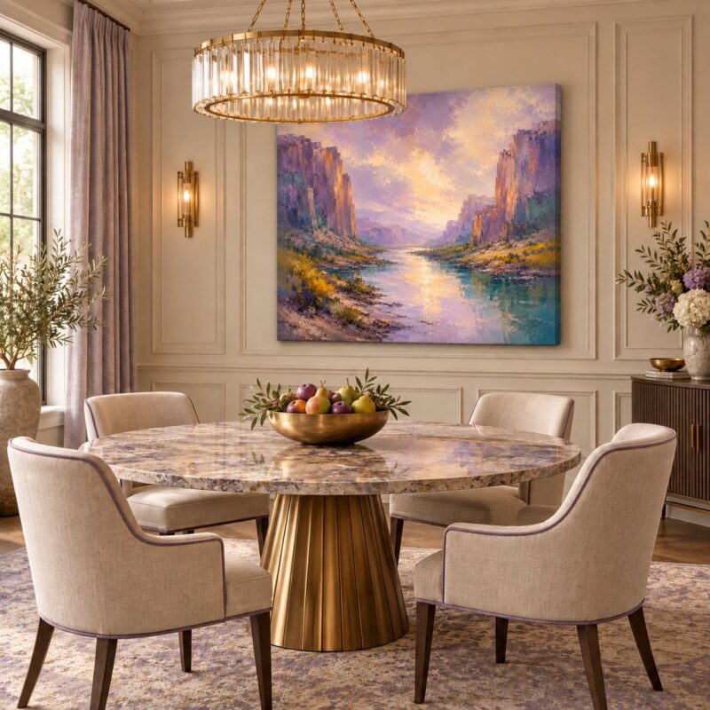 River Valley impressionist oil landscape canvas wall art styled in an interior