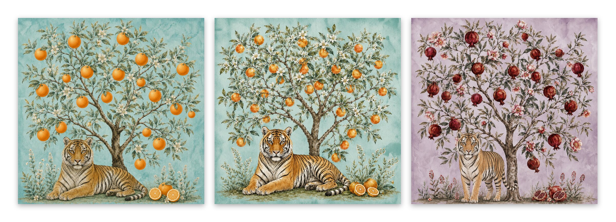 Tiger & Orange Tree – Set of 3: all 3 pieces side by side