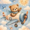 Teddy Adventures I – sky blue, honey, cream watercolour illustration canvas wall art