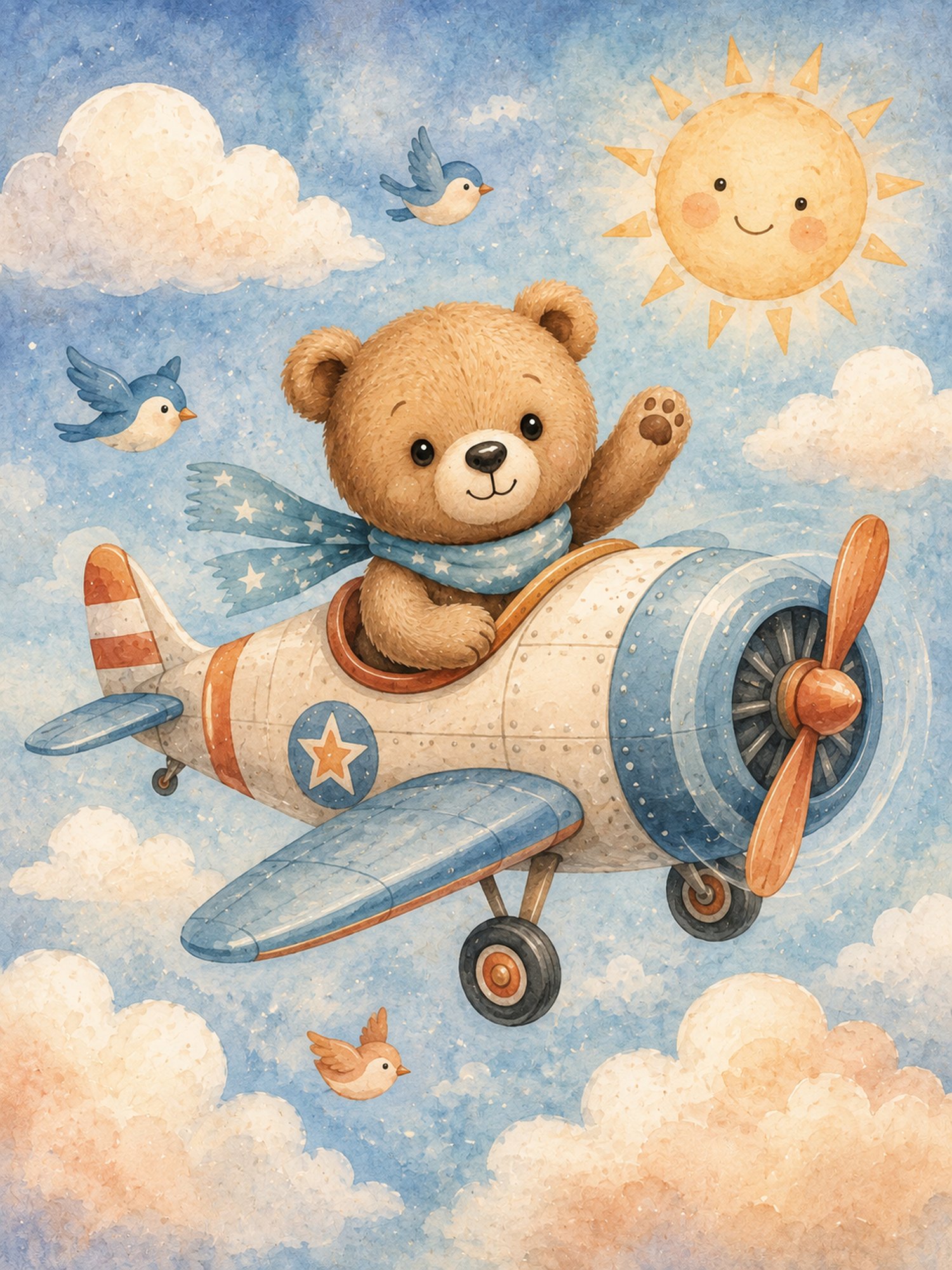 Teddy Adventures I – sky blue, honey, cream watercolour illustration canvas wall art