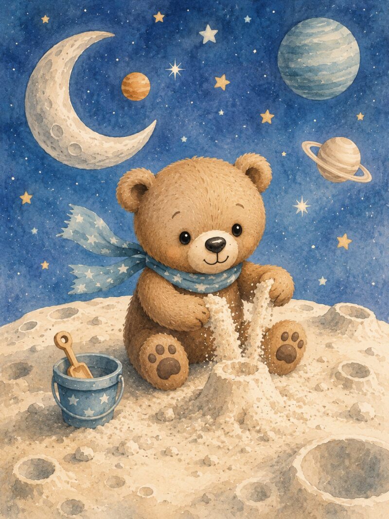 Teddy Adventures II – sky blue, honey, cream watercolour illustration canvas wall art