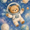 Teddy Adventures III – sky blue, honey, cream watercolour illustration canvas wall art