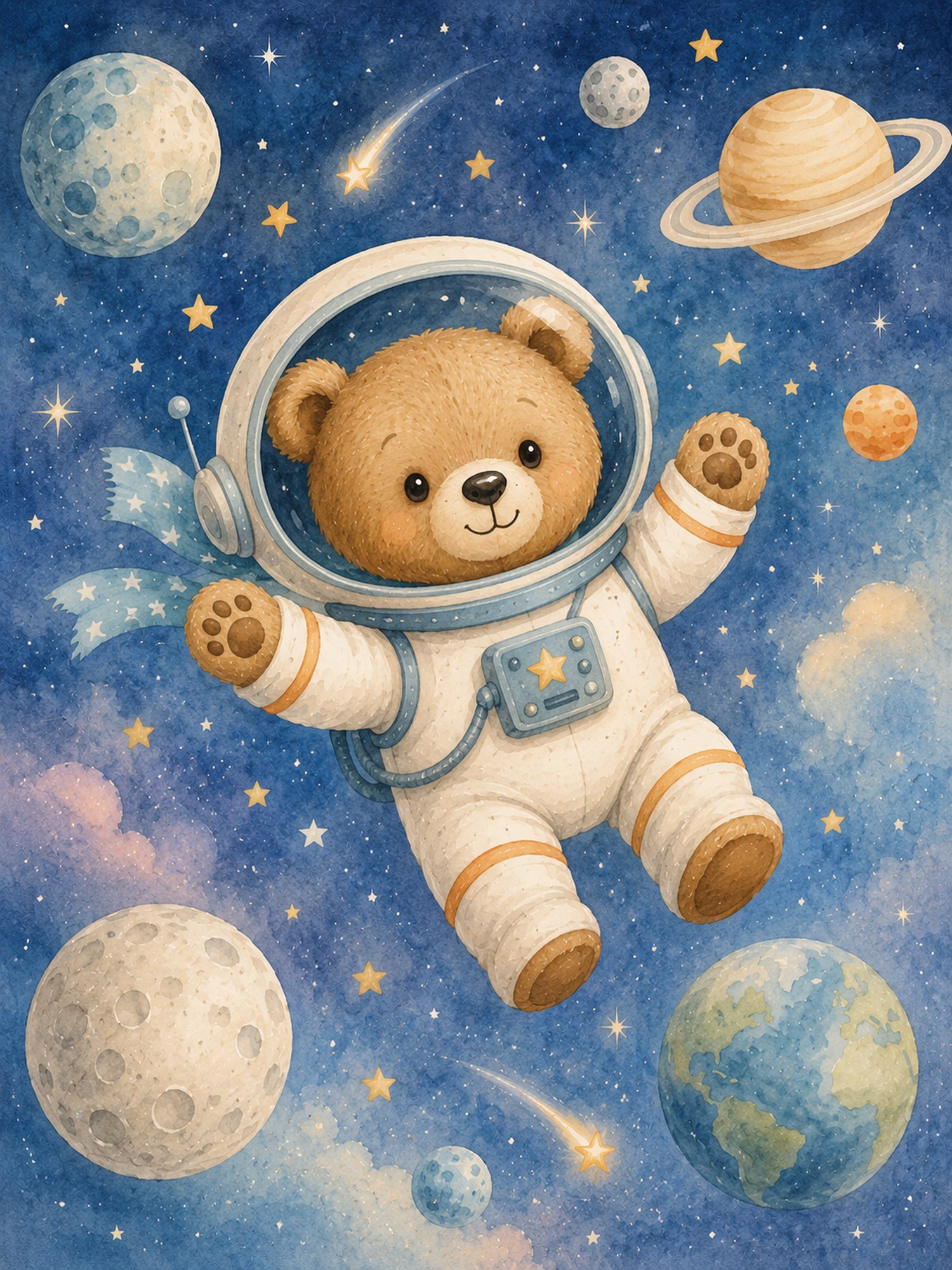 Teddy Adventures III – sky blue, honey, cream watercolour illustration canvas wall art