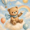 Teddy Adventures IV – sky blue, honey, cream watercolour illustration canvas wall art