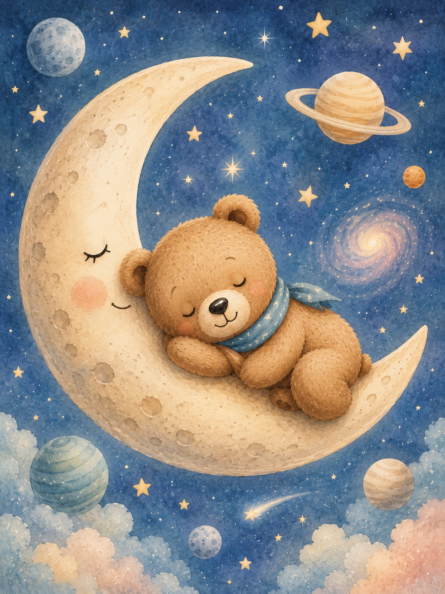 Teddy Adventures V – sky blue, honey, cream watercolour illustration canvas wall art