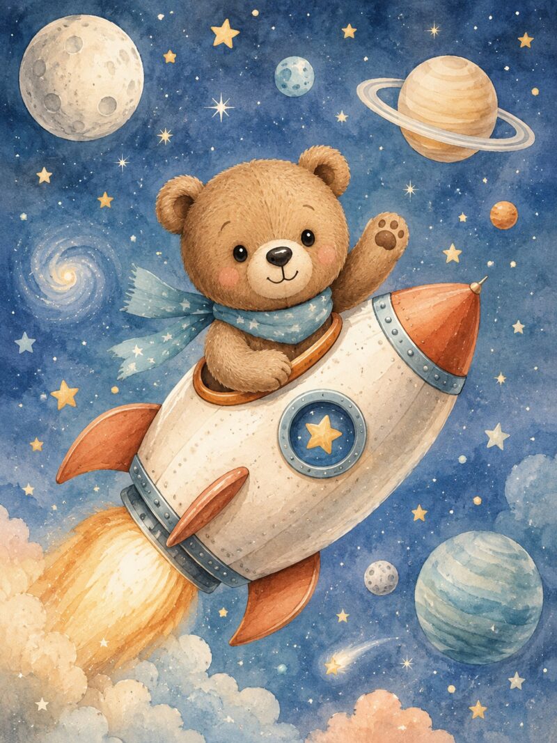 Teddy Adventures VI – sky blue, honey, cream watercolour illustration canvas wall art
