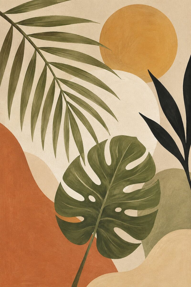 Terracotta Palms I – sage, terracotta, mustard boho botanical canvas wall art