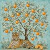 Tiger & Orange Tree I – turquoise, orange, sage indian miniature canvas wall art