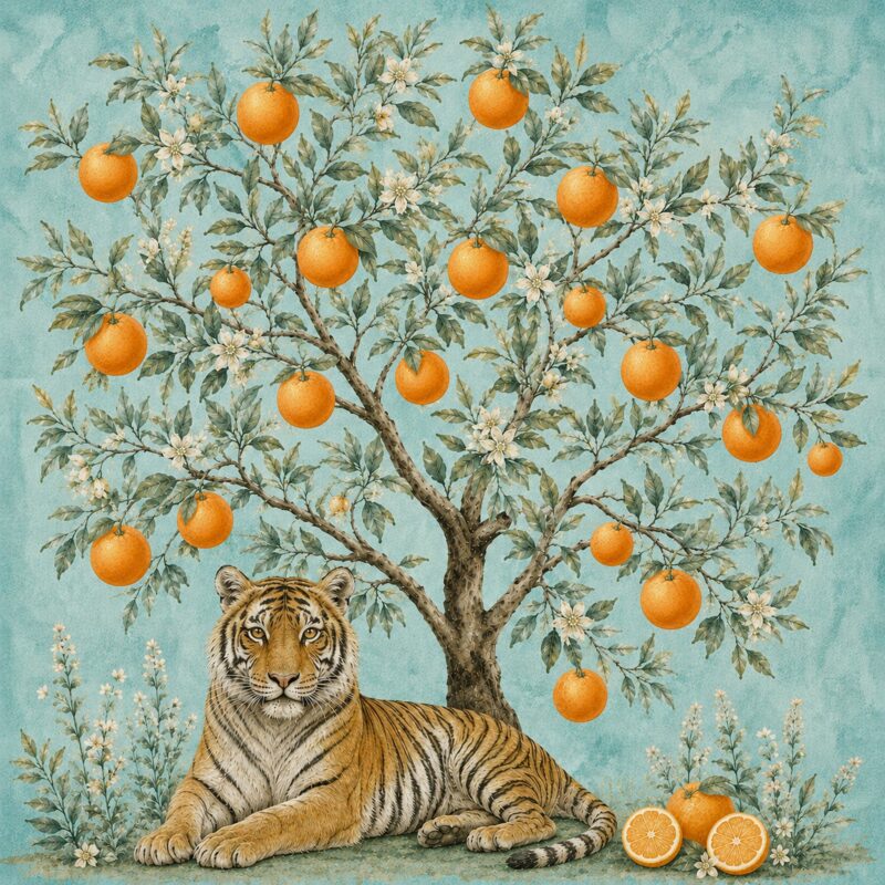 Tiger & Orange Tree I – turquoise, orange, sage indian miniature canvas wall art