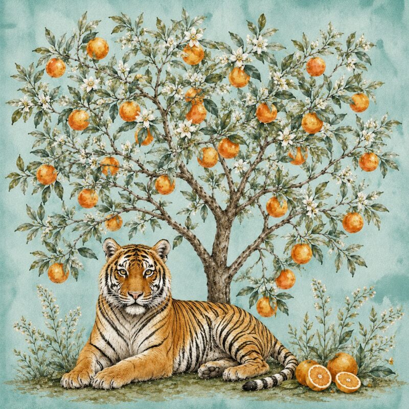 Tiger & Orange Tree II – turquoise, orange, sage indian miniature canvas wall art